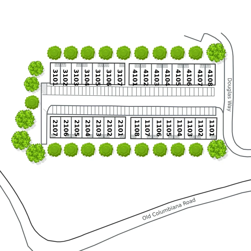 Site plan of a two-row storage facility with labeled units, drive aisles, parking, and trees along Old Columbiana Road.
