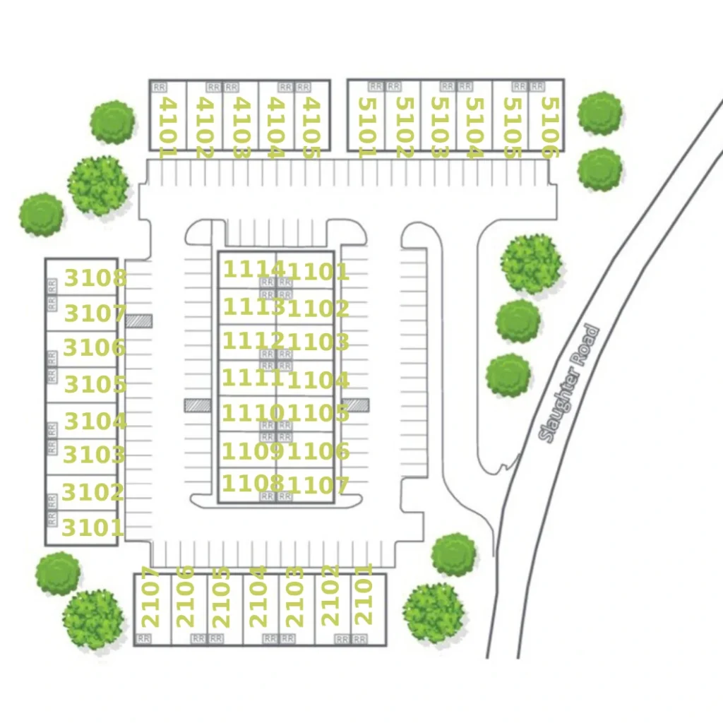 Site map of a flex space complex with numbered units around a central parking area, trees, and Slaughter Road.