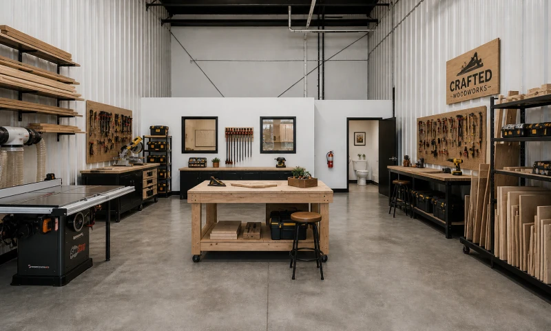 Woodworking shop in a metal-walled warehouse with a workbench, wall tools, lumber racks, and a Crafted Woodworks sign.