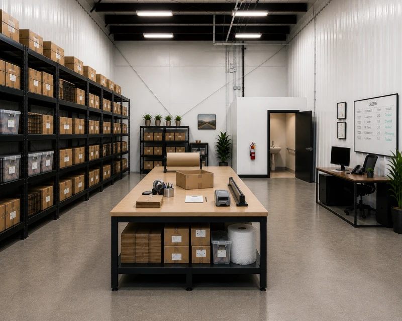 Industrial warehouse interior with tall shelving full of boxes, a central worktable, and a side office desk.