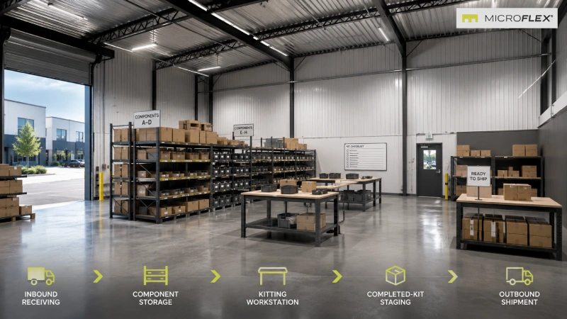 Organized kitting workflow with receiving, component storage, worktable, and completed-kit staging in a MicroFlex unit