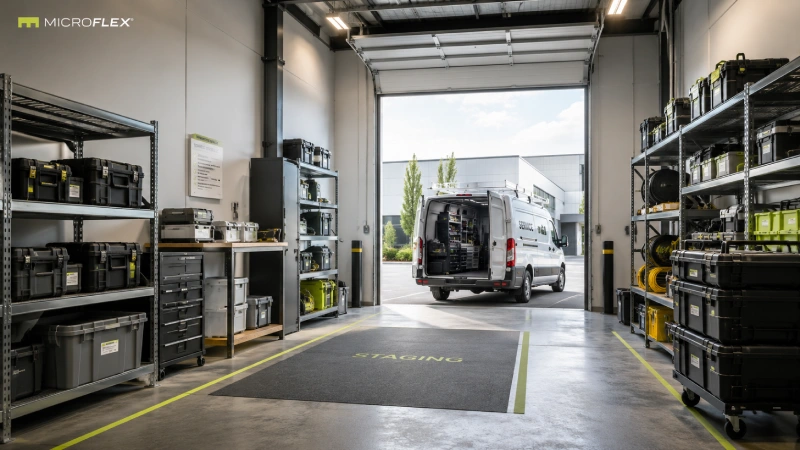 MicroFlex drive-up access for a service-business workflow Service vehicle outside a MicroFlex drive-up roll-up door with organized operational space inside