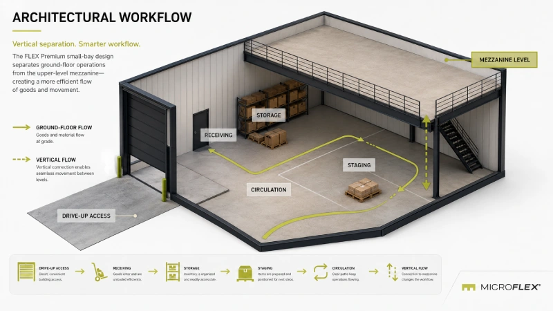 Diagram showing ground-floor workflow and mezzanine separation in a FLEX Premium unit