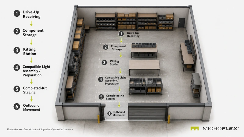 Diagram showing receiving, component storage, kitting, preparation, staging, and outbound movement in a small-bay unit