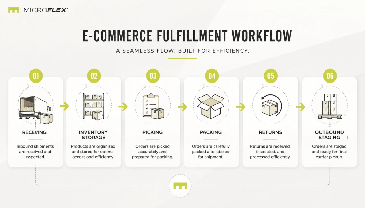 E-commerce fulfillment workflow in a flex unit E-commerce fulfillment workflow infographic showing receiving, storage, picking, packing, returns, and outbound staging
