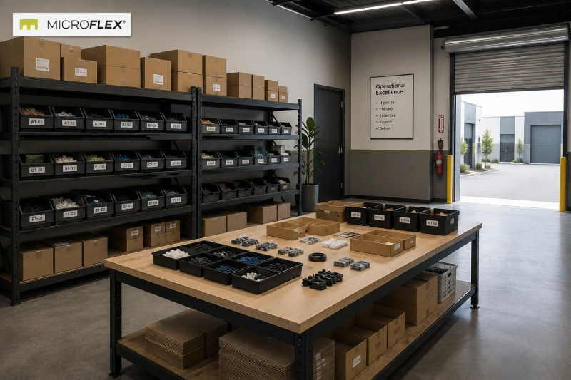 Component shelving beside a kitting worktable in a representative MicroFlex small-bay workflow
