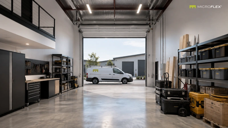 Door-side staging in a MicroFlex unit Door-side staging area inside a MicroFlex unit with a service vehicle parked outside