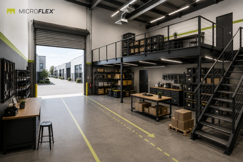 Ground-floor staging and circulation beneath a FLEX Premium mezzanine