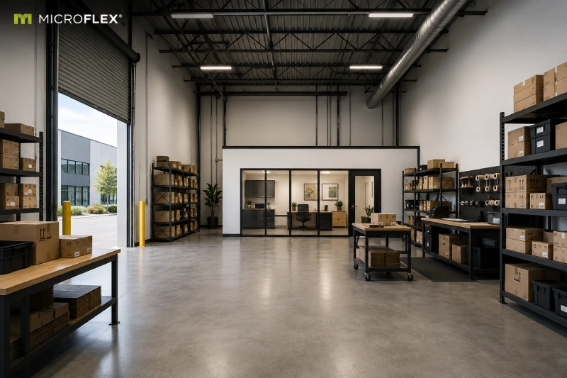 MicroFlex FLEX+ configuration with enclosed rear office MicroFlex FLEX+ configuration with open bay and enclosed rear office