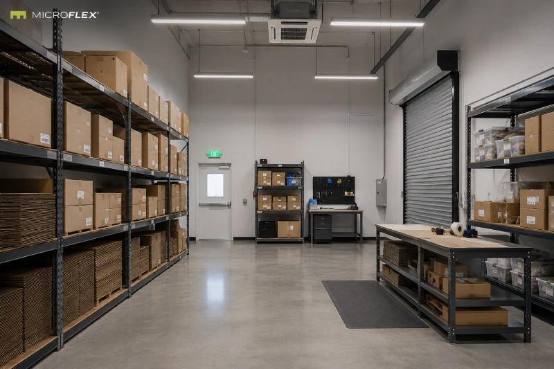Organized inventory shelving inside a climate-controlled MicroFlex flex industrial unit
