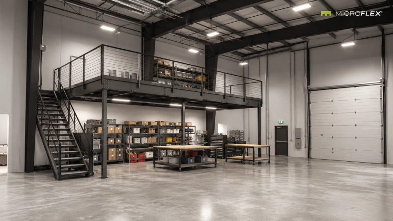 MicroFlex FLEX Premium mezzanine configuration MicroFlex FLEX Premium configuration with mezzanine above operational floor space