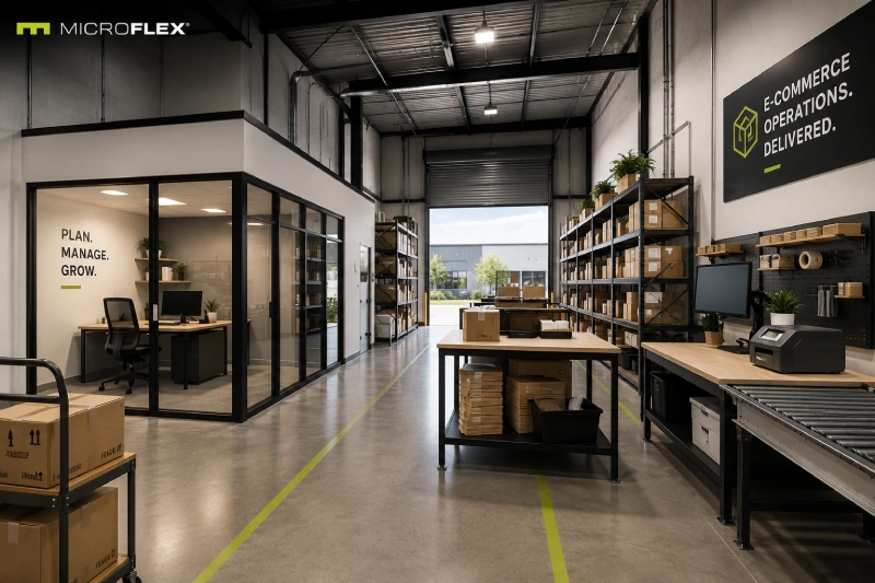 MicroFlex FLEX+ e-commerce workspace with enclosed office MicroFlex flex unit with e-commerce workspace and a separate enclosed office
