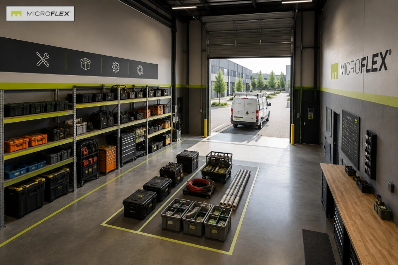 Job staging near drive-up access Organized job staging between storage and the drive-up roll-up door in a MicroFlex unit