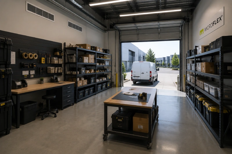 Active work and packing area inside a climate-controlled MicroFlex small-bay unit