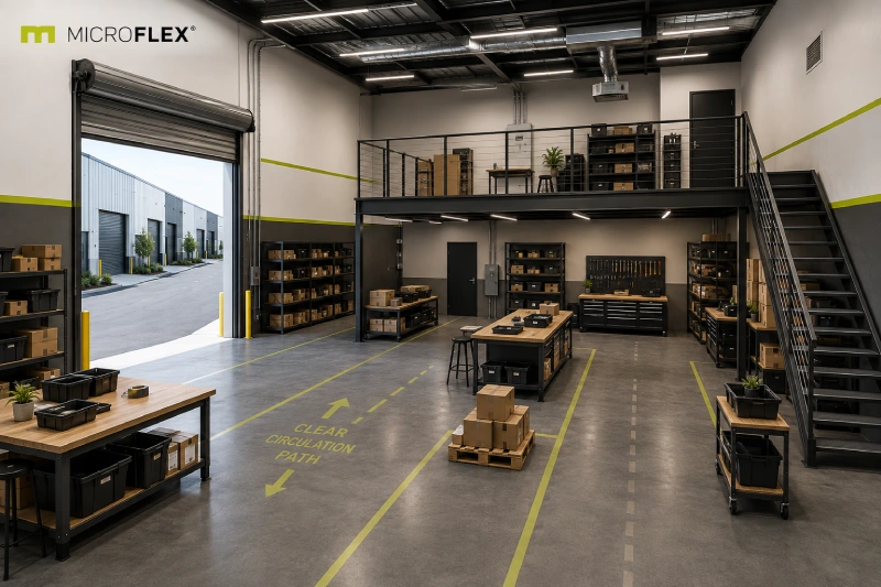 Complete FLEX Premium layout with mezzanine, drive-up door, staging, and organized ground-floor space