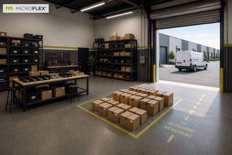 Completed-kit staging near the drive-up roll-up door in a representative MicroFlex small-bay unit