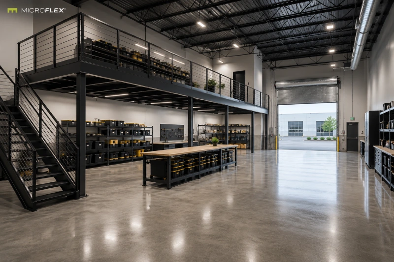 MicroFlex FLEX Ultimate full mezzanine configuration MicroFlex FLEX Ultimate configuration with full mezzanine and premium finish