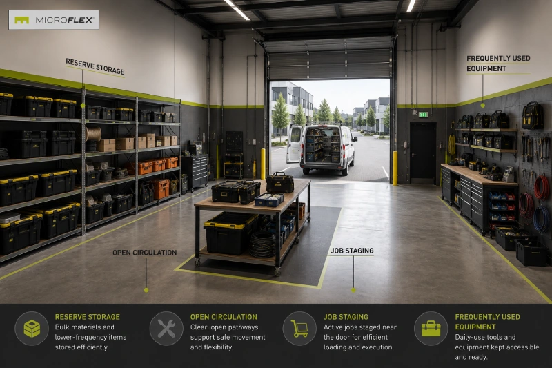 Organized MicroFlex drive-up interior Organized MicroFlex small-bay unit arranged around drive-up roll-up door access
