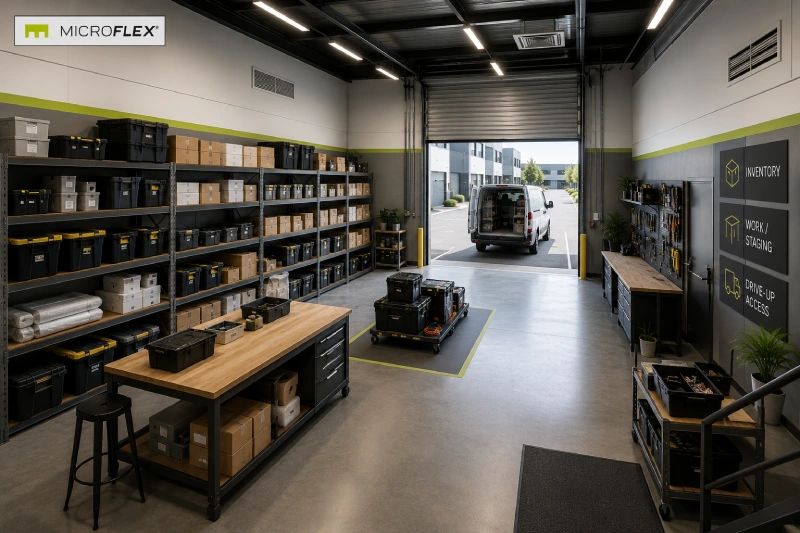 Purpose-built MicroFlex unit showing HVAC within an organized small-bay industrial layout