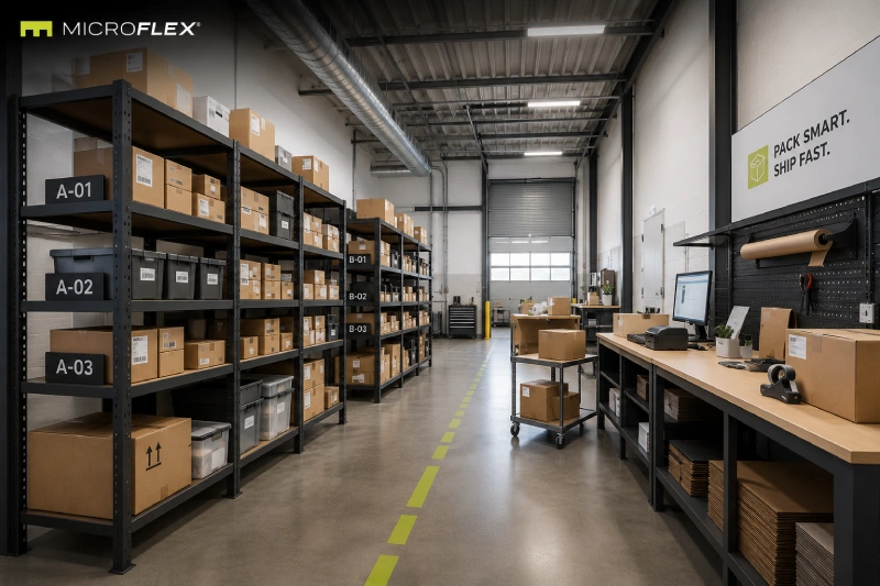 Organized e-commerce inventory storage inside a MicroFlex unit Inventory shelving and organized product storage inside a MicroFlex flex unit