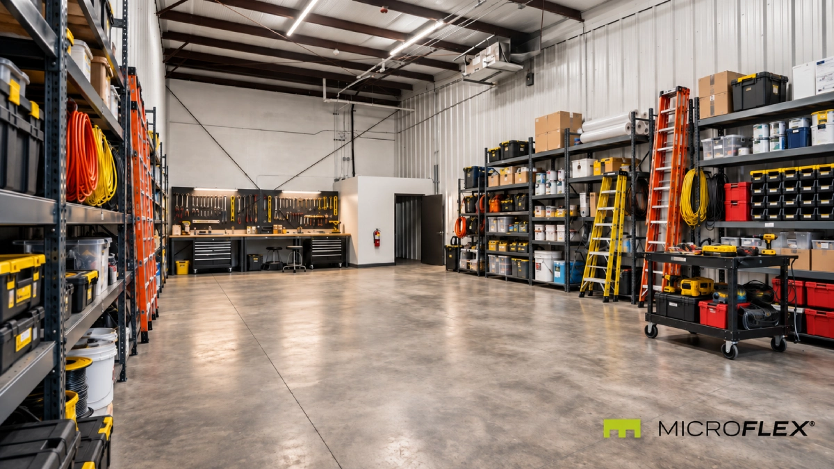 Staged contractor and service-business workspace inside a real MicroFlex Birmingham-area flex unit