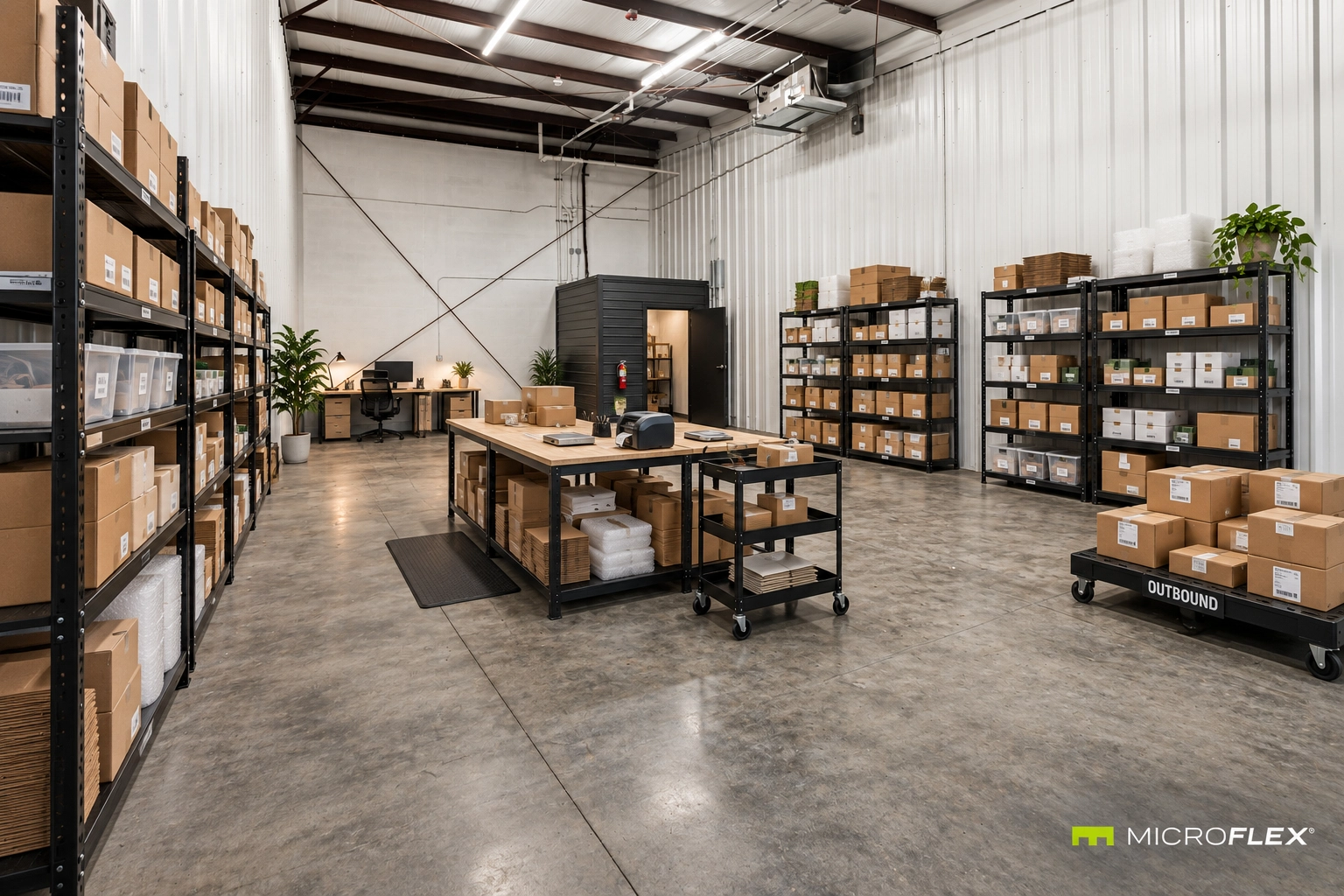 Staged e-commerce fulfillment workflow inside a real MicroFlex Hoover flex unit