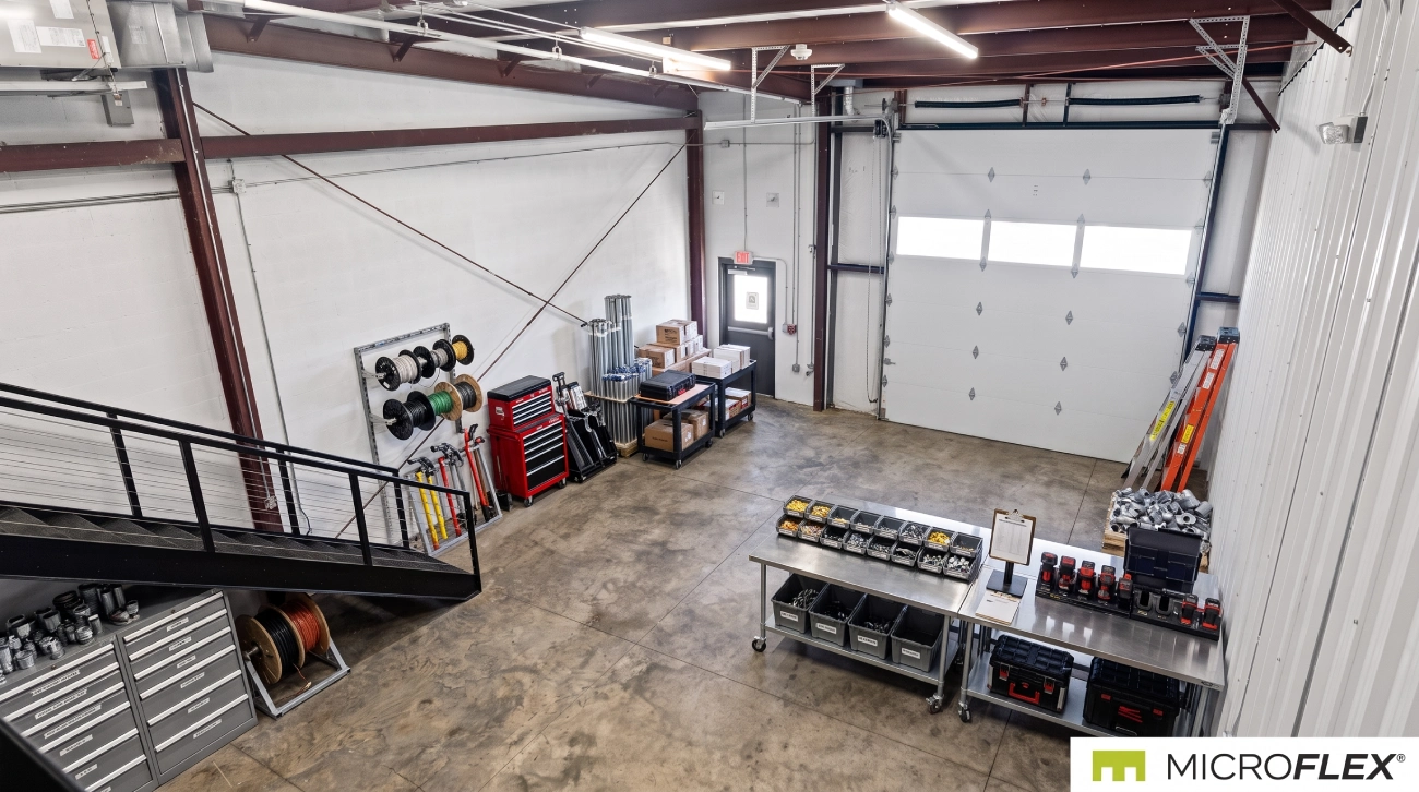 Representative electrical contractor end-of-day workflow showing returned equipment, sorting, restocking, charging, and next-job staging inside a MicroFlex unit