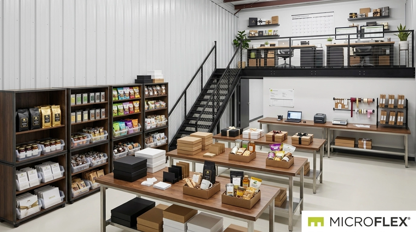 Representative drive-up receiving and outbound fulfillment workflow with sealed packaged inventory, rolling carts, order staging, and clear loading access inside a real MicroFlex unit