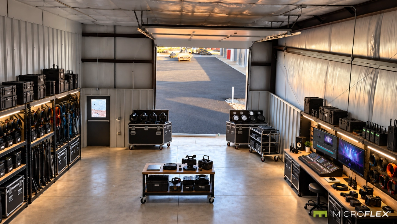 Representative event and AV production equipment workspace inside a real MicroFlex Huntsville unit