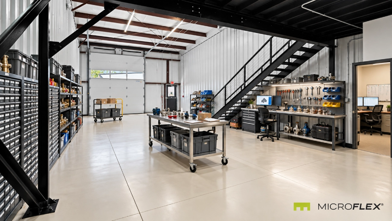 Representative sign, graphics, and event-display production workspace inside a real MicroFlex unit