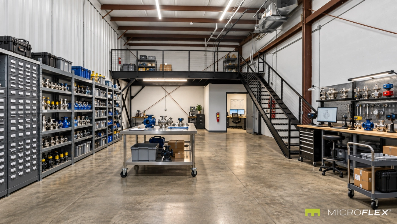 Representative specialty parts and equipment distribution workspace inside a real MicroFlex unit