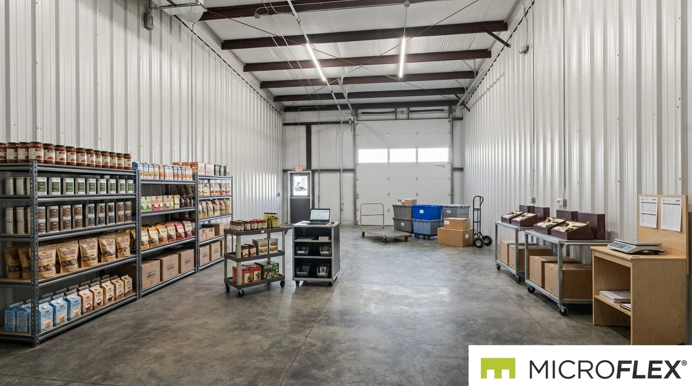 Representative subscription-box and corporate-gift kitting workflow using sealed packaged products, assembly tables, verification, and finished-order staging inside a real MicroFlex unit
